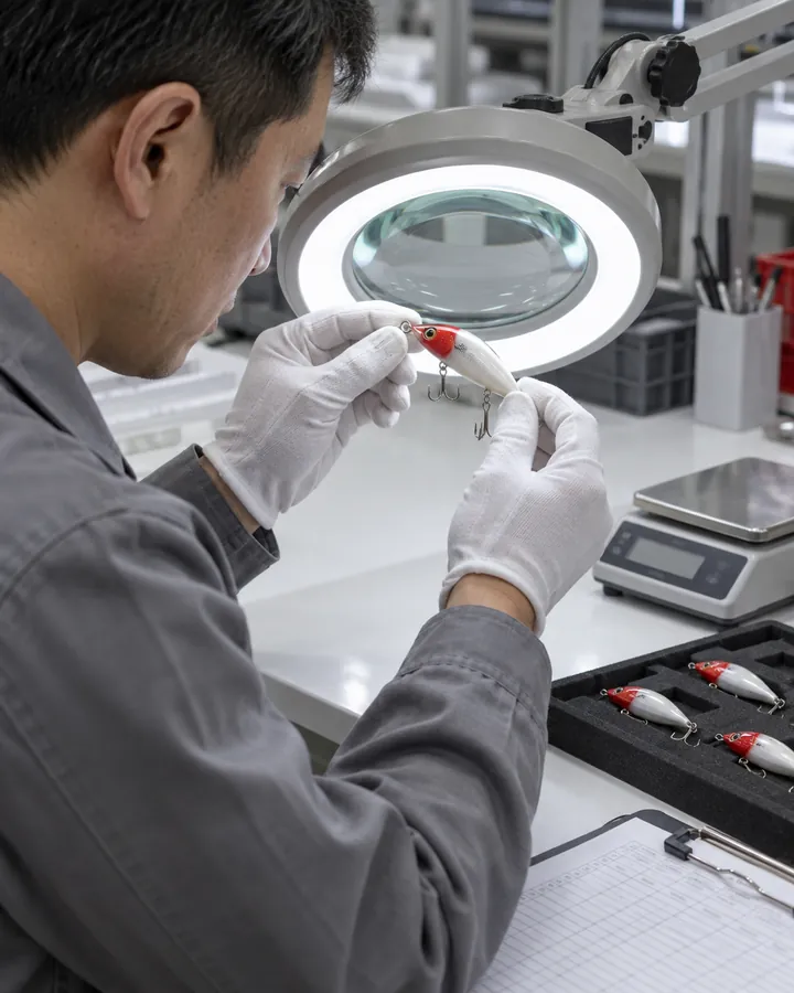 示意图：技术人员使用带照明的放大镜检查拟饵
