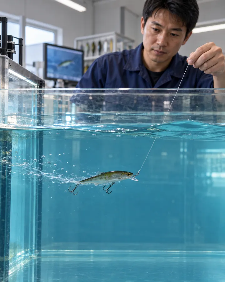 示意图：技术人员在水槽中测试拟饵泳姿